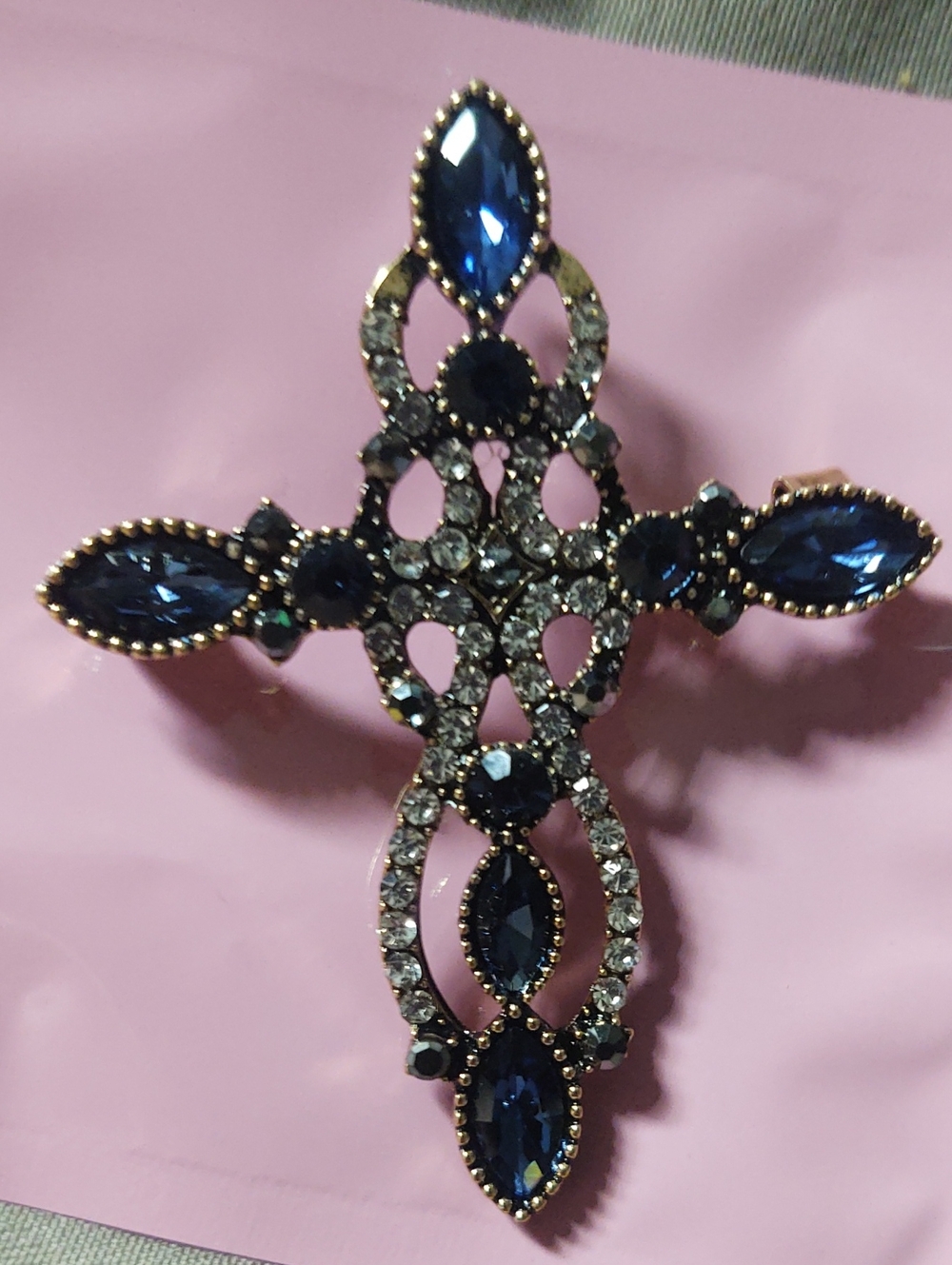 Blue Rhinestone Cross Brooch - Picture 2 of 4